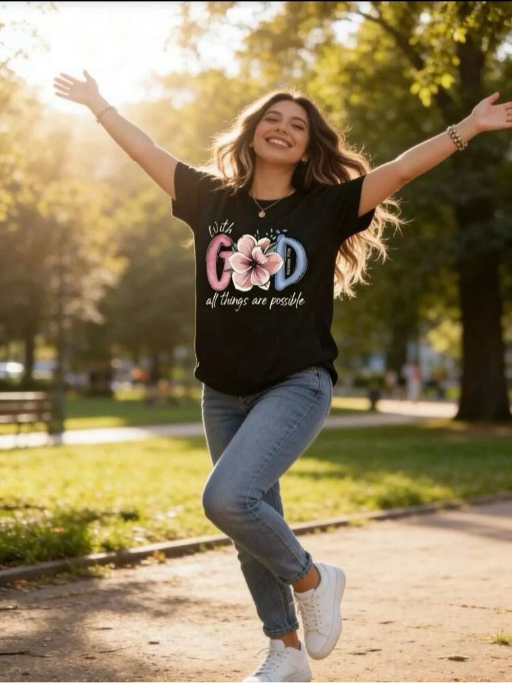 Christian Faith Graphic Tee With God All Things Are Possible Floral Scripture - Picture 2 of 5